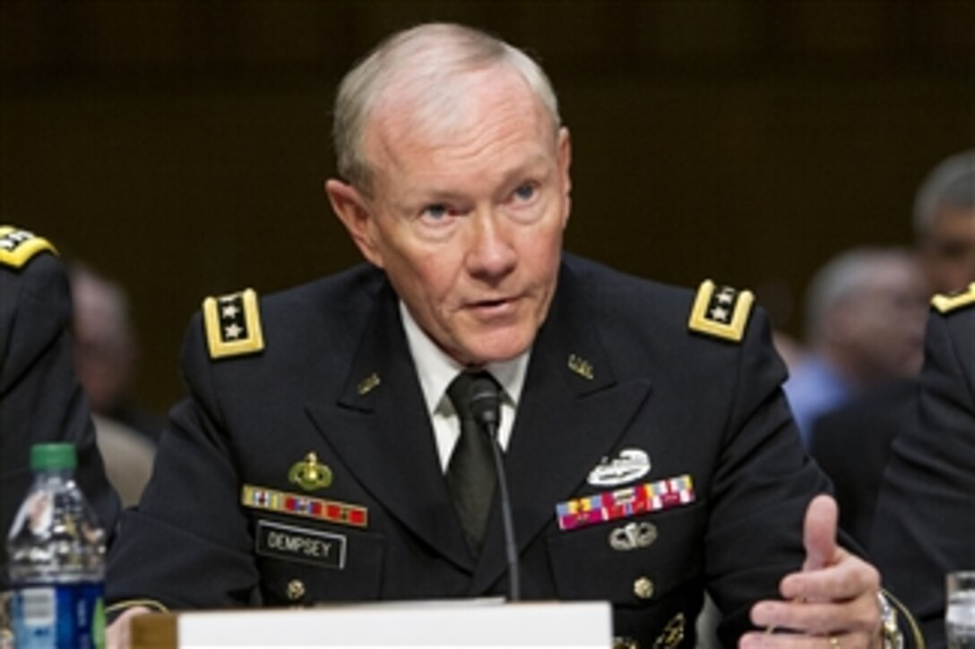 Chairman of the Joint Chiefs of Staff Gen. Martin E. Dempsey testifies on sexual assault in the military before the U.S. Senate Arms Services Committee on Capitol Hill in Washington, D.C., on June 4, 2013.  