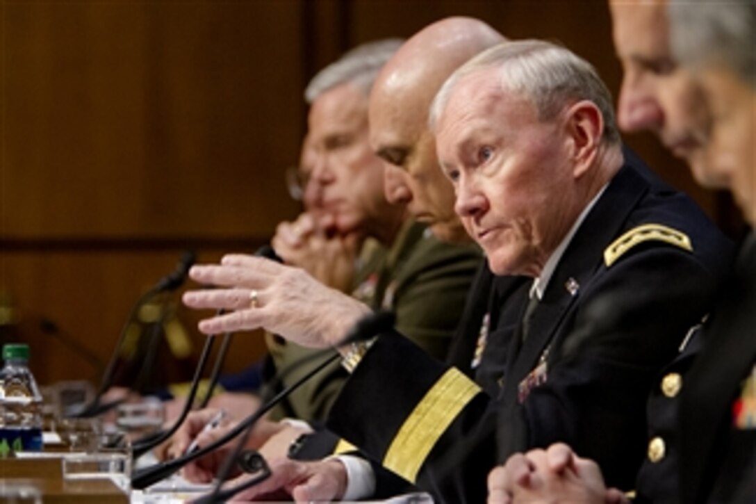 Chairman of the Joint Chiefs of Staff Gen. Martin E. Dempsey testifies on sexual assault in the military before the U.S. Senate Arms Services Committee on Capitol Hill in Washington, D.C., on June 4, 2013.  