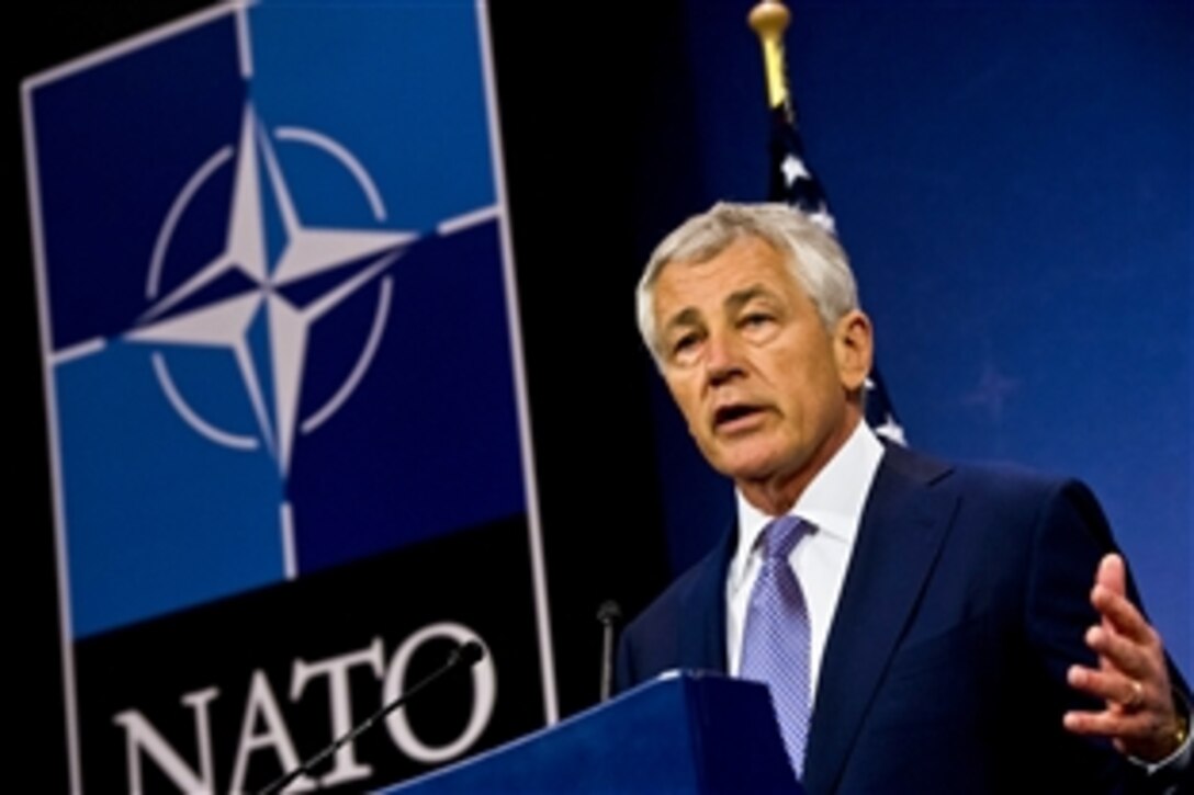U.S. Defense Secretary Chuck Hagel briefs the press at NATO headquarters in Brussels, June 5, 2013. 