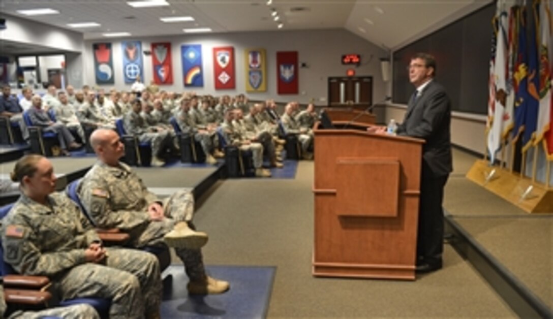 Deputy Secretary of Defense Ashton B. Carter talks to soldiers and civilian employees at Fort Rucker, Ala., on June 4, 2013.  Carter is visiting Fort Rucker to talk to soldiers and receive briefings on Army helicopter programs.  
