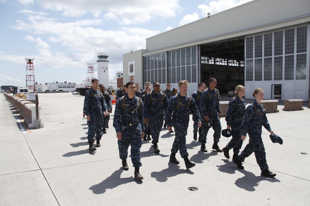 Midshipmen from the U.S. Naval Academy visited the air station May 29 as part of the Professional Training-Midshipmen, or Protramid, to educate the midshipmen on the positions available to officers in the Marine Corps.