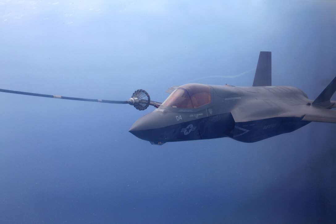 An F-35B Lightning with Marine Fighter Attack Training Squadron 501 takes on fuel during a training exercise over the Gulf of Mexico May 30. Marine Aerial Refueler Transport Squadron 252 flew from Cherry Point to refuel the aircraft in support of VMAT-501’s training requirements and to maintain their own proficiency in aerial refueling.