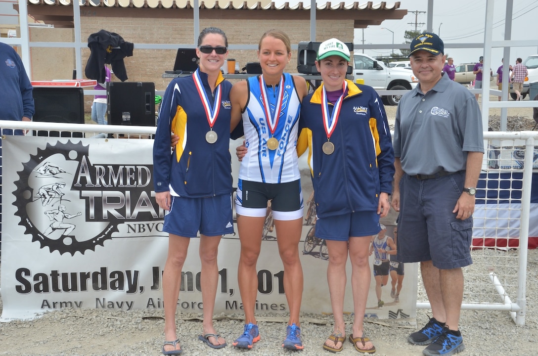 2013 Women Triathlon Medalists from left to right:  Silver Medalist LCDR Colleen O’connor (USN), San Diego, CA - 2:10:37; Gold Medalist 2d Lt Samantha Morrison (USAF), Seymour Johnson AFB, SC - 2:07:39; and Bronze medalist LT Rachel Beckman (USCG),  USCG MSC, Washington, D.C. - 2:11:15
