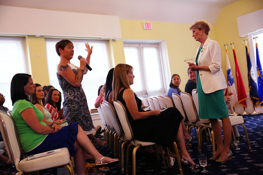 First Lady of the Marine Corps, Bonnie Amos visited Marine Forces Special Operations Command's (MARSOC) spouses at the Camp Lejeune Officers Club June 4. Amos spent time having conversations with the spouses and was on hand to help kick off the mentorship program. "The spouses of MARSOC can build friendships and a sense of community as mentors. It's how we get through the good times, and the not so good times," Amos said.