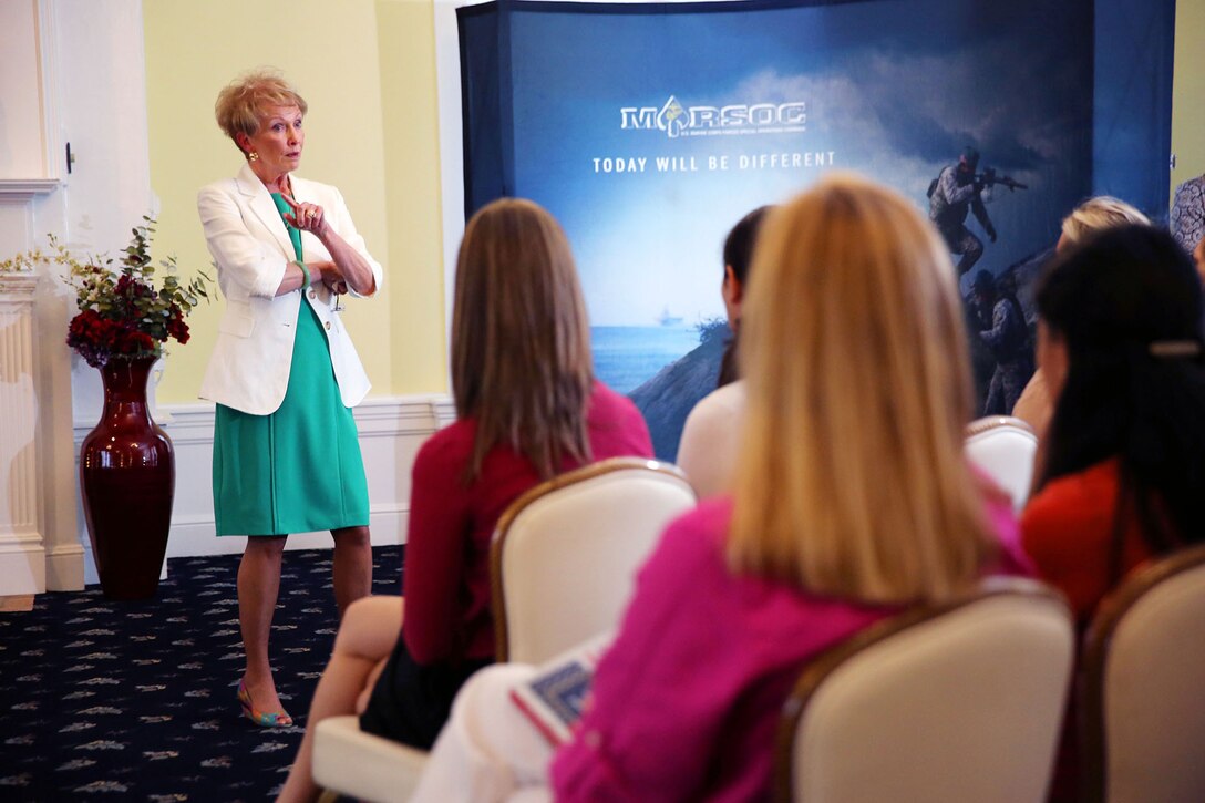 First Lady of the Marine Corps, Bonnie Amos visited Marine Forces Special Operations Command's (MARSOC) spouses at the Camp Lejeune Officers Club June 4. Amos spent time having conversations with the spouses and was on hand to help kick off the mentorship program. "The spouses of MARSOC can build friendships and a sense of community as mentors. It's how we get through the good times, and the not so good times," Amos said.
