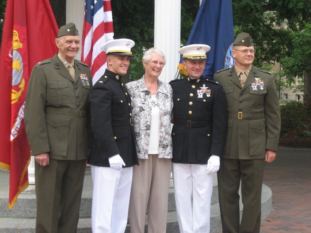 William Gerichten stands with his grandparents, uncle and father at his commissioning ceremony. The Gerichten family has 1-5 years of combined service in the Marine Corps.