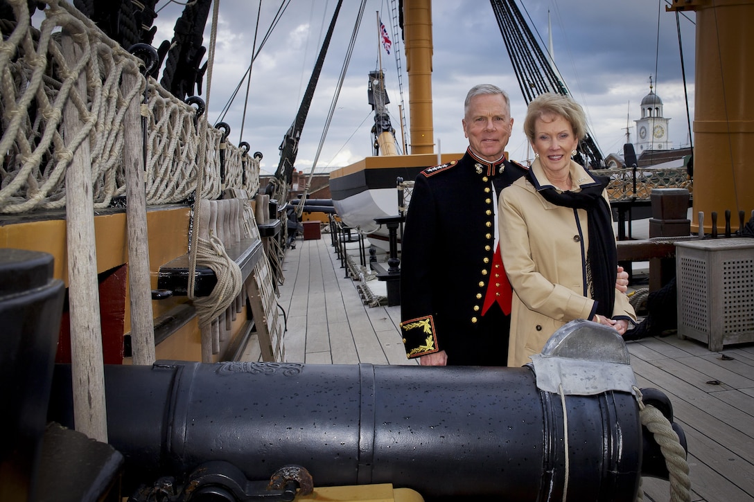 The 35th commandant and first lady of the Marine Corps, General and Mrs. James F. Amos, stand aboard the historical HMS Victory battleship in Portsmouth, United Kingdom, on May 23, 2013. (U.S. Marine Corps photo by Sgt. Mallory S. VanderSchans)(RELEASED)
