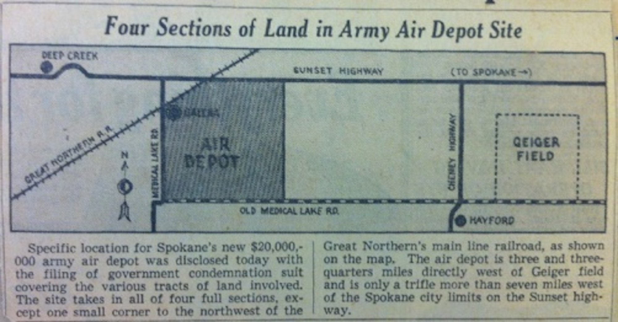 The Spokane Daily Chronicle featured the location and news of early plans for the Spokane Army Air Depot on Nov. 17, 1941. Photo provided by Mr. Jim O'Connell.