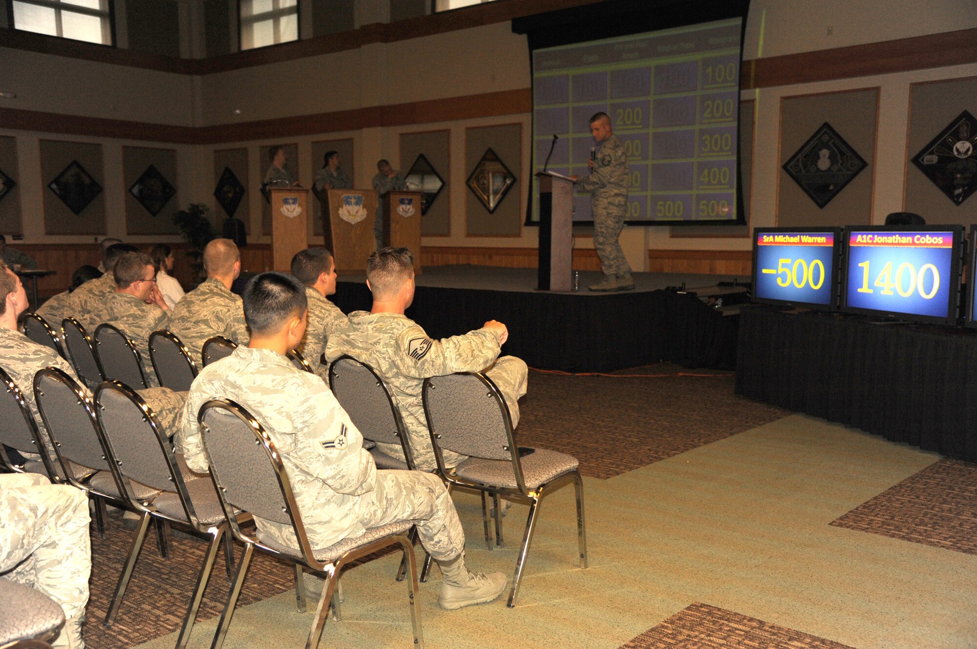 Master Sgt. Benjamin Nucci, 741st Missile Security Forces Squadron flight chief (background right) reads a trivia question to (background center, left to right) Senior Airman Michael Warren, 341st Security Support Squadron member, Airman 1st Class Jonathan Cobos, 341st Security Forces Squadron member, and Airman 1st Class Cody Bishop, 741st MSFS member, during the second annual 341st Security Forces Group Game Show Challenge. Bishop won the event with a total of 6,400 points. (U.S. Air Force photo/Airman 1st Class Katrina Heikkinen)