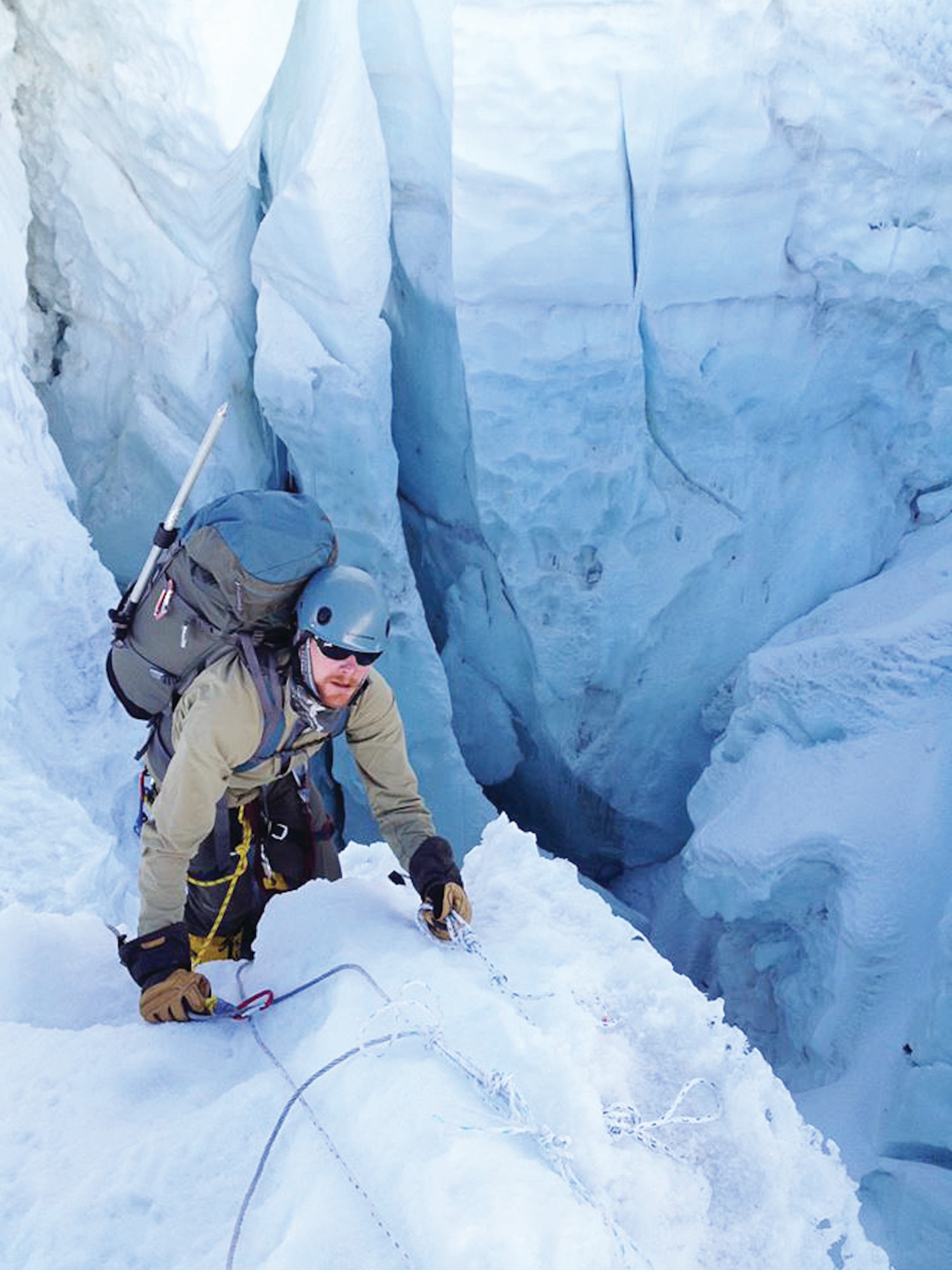 Capt. Andrew Ackles, a TH-1 instructor pilot assigned to the 58th Special Operations Wing, climbs through an ice fall on Mount Everest. Ackles and members of the United States Air Force 7 Summits team reached the peak of Mount Everest on May 7.