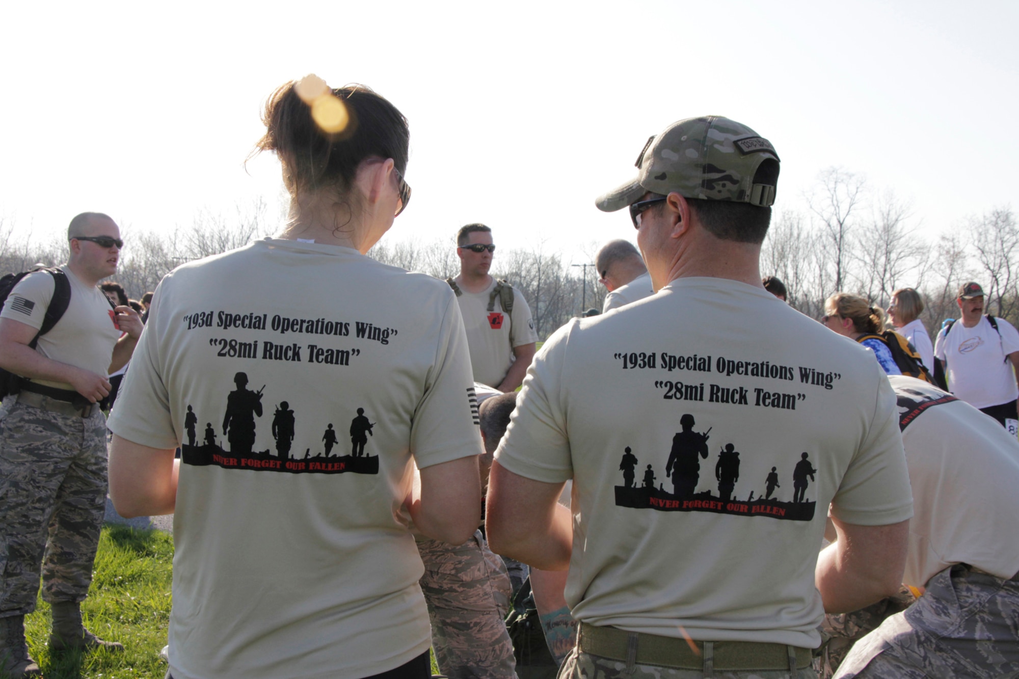 Airmen of the 193rd Special Operations Wing prepare to march in the Second Annual Pennsylvania National Guard March for the Fallen at Fort Indiantown Gap, Pa., April 28, 2013. The march was to honor Pennsylvania's Soldiers and Airmen who had fallen fighting for their country. (U.S. Air National Guard photo by Tech. Sgt. Culeen Shaffer/Released)