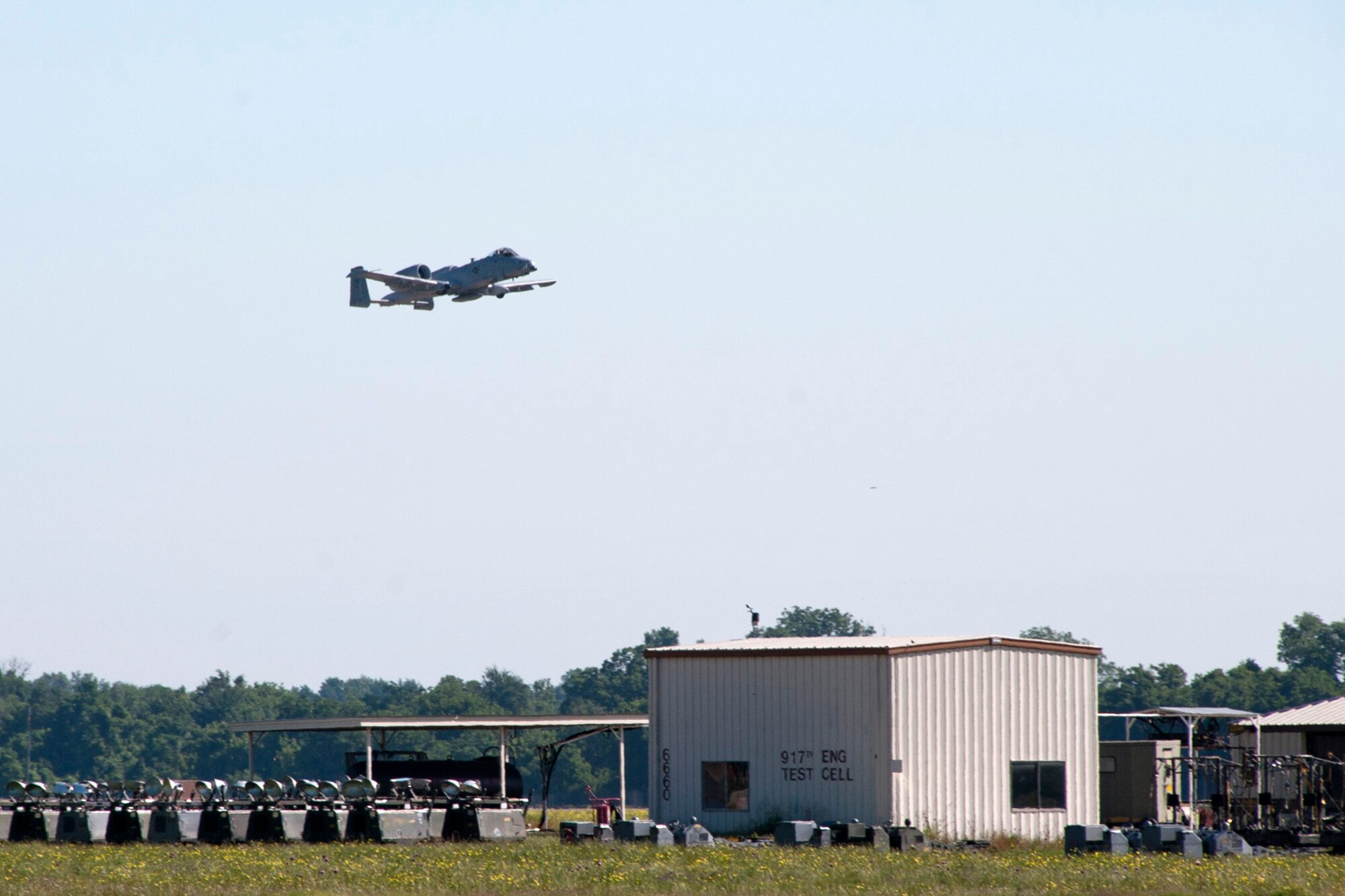 An A-10 Thunderbolt II takes off for the last time from Barksdale Air Force Base, La., June 3, 2013. All A-10s are being transferred from Barksdale. The transfers are due to the recent Force Structure Action Implementation Plan that dictates the 917th Fighter Group at Barksdale will be inactivated this year on the last day of September. (U.S. Air Force photo by Master Sgt. Jeff Walston/Released)