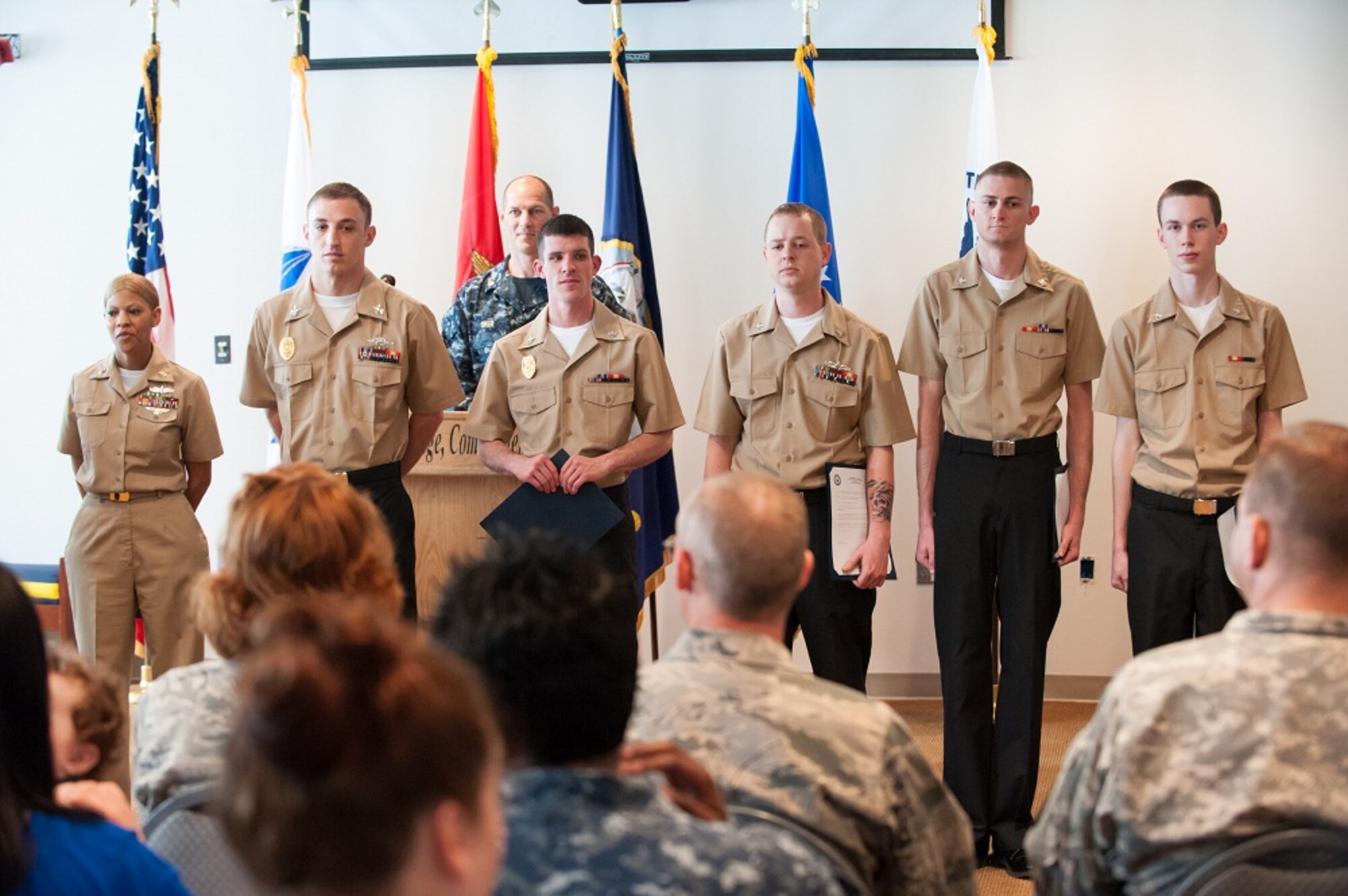 Naval Support Activity Lakehurst leaders promote six petty officers during a frocking ceremony May 29, 2013, at Joint Base McGuire-Dix-Lakehurst, N.J. Enlisted and officer Sailors can wear their rank and participate in frocking as soon as promotion results are released. (U.S. Air Force photo by Russ Messeroll/Released)