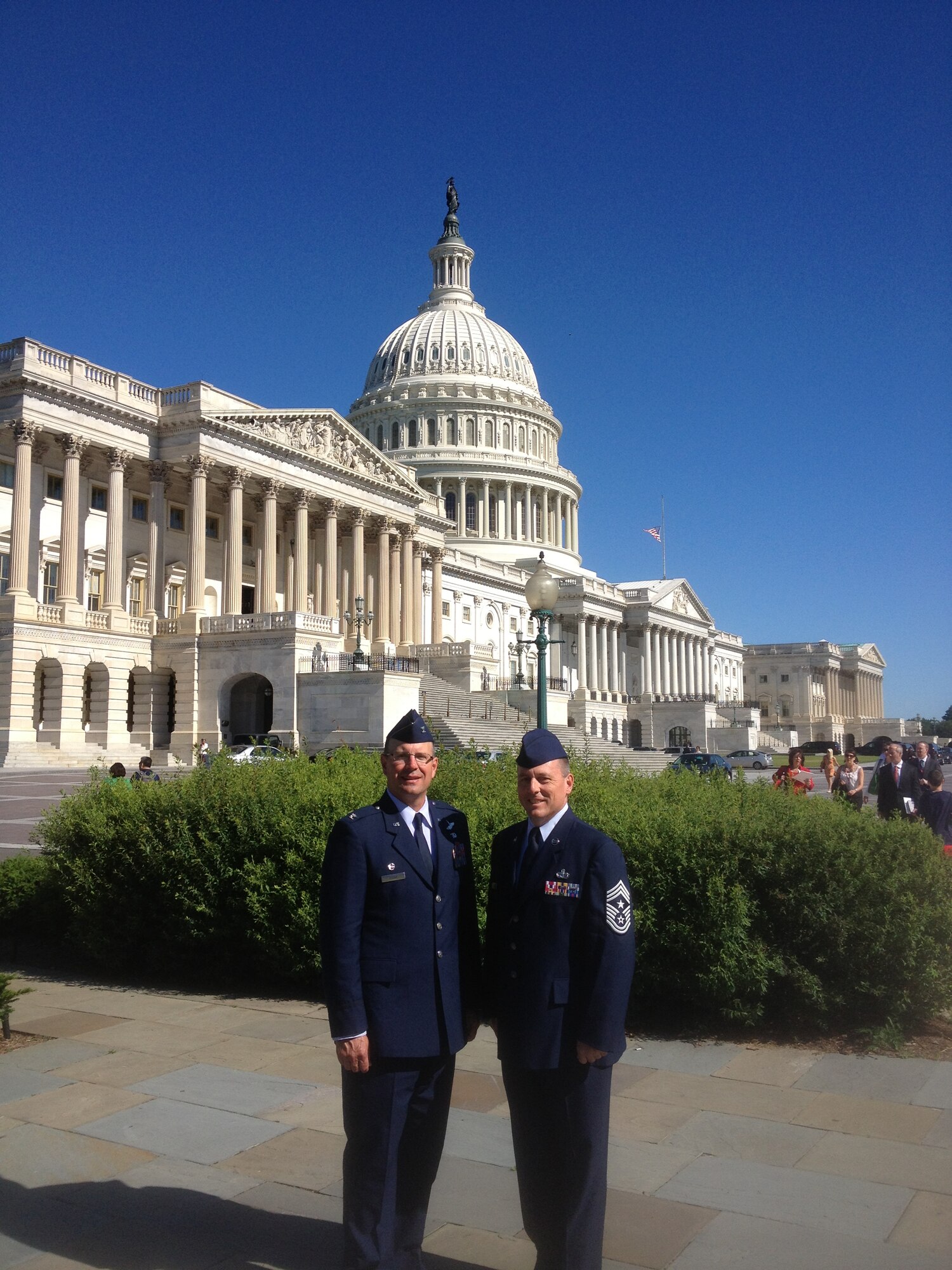 Col. Raymond A. Kozak, 512th Airlift Wing commander, and Chief Master Sgt. William T. Wild III, 512th AW command chief, visit Capitol Hill as part of the Air Force Reserve Commander Capitol Hill Visit Program. The yearly event was created to foster relationships between congressional and Reserve leadership. (U.S. Air Force submitted photo)