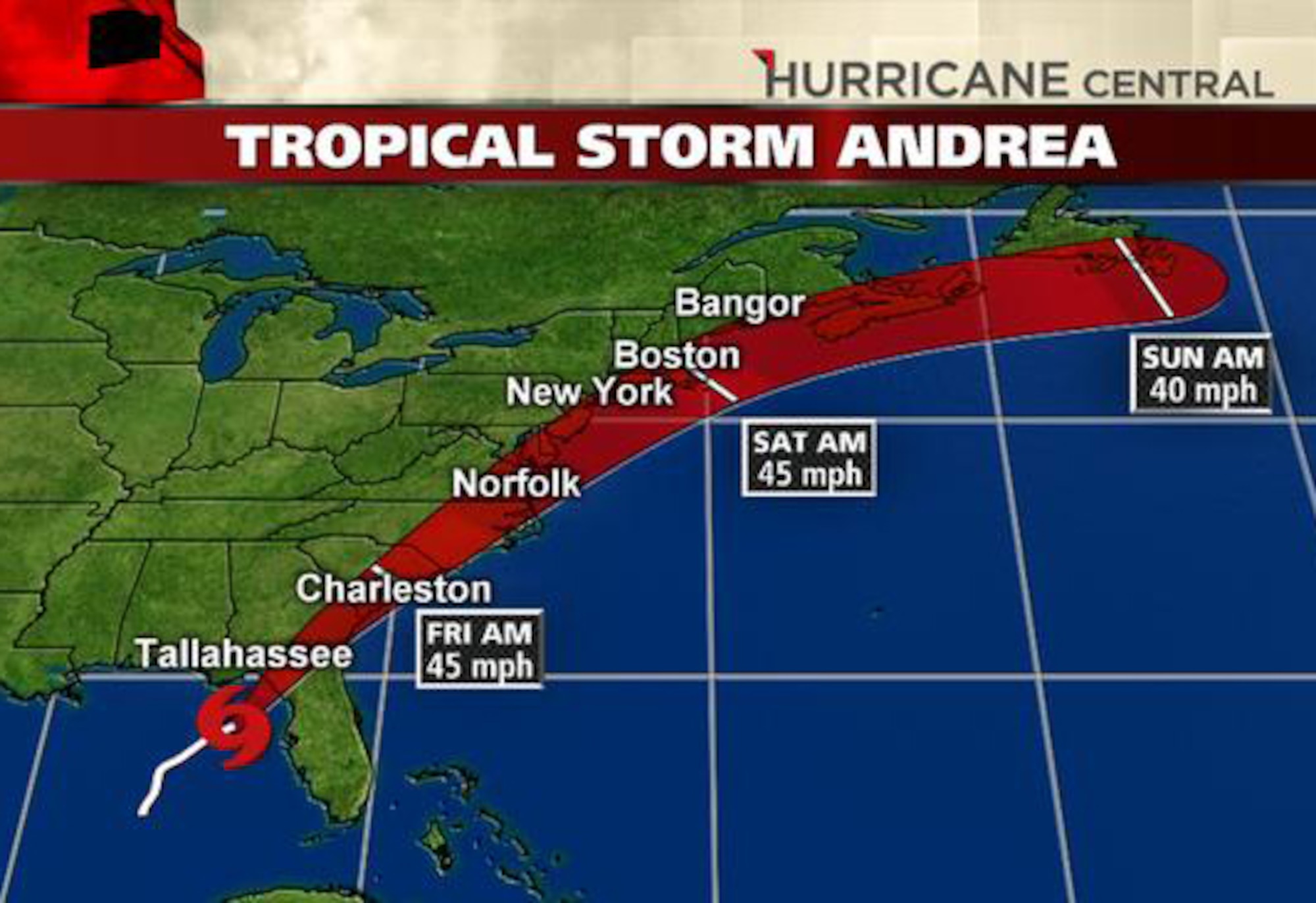 Tropical storm to impact Charleston early Friday morning. The National Weather Service has issued a Tropical Storm Warning and Flash Flood Watch for The Southeast U.S. due to the arrival of Tropical Storm Andrea.  (Weather Channel graphic)
