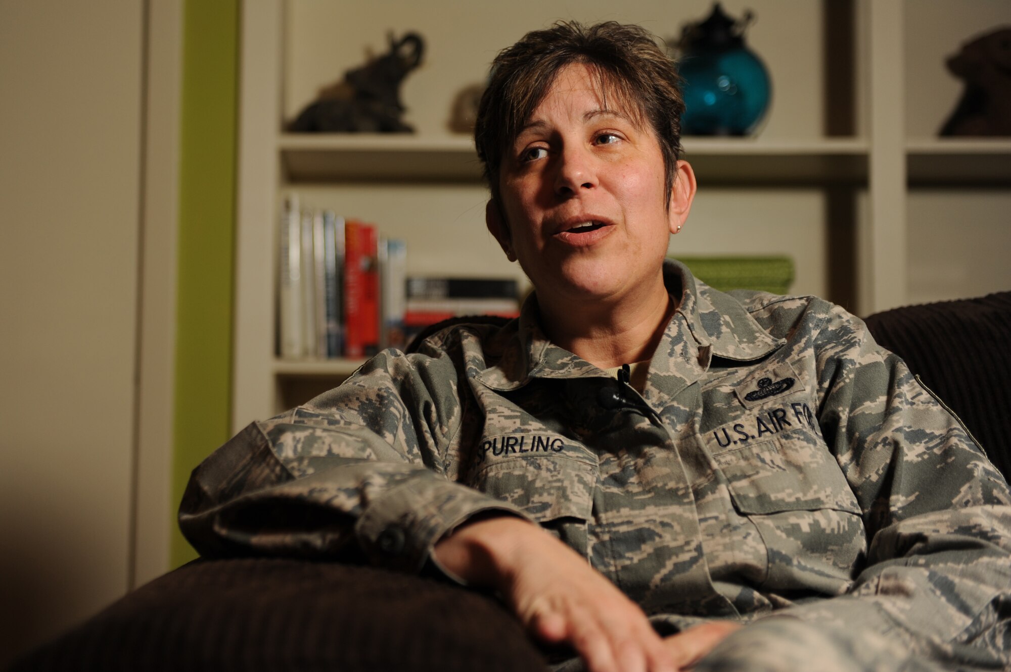 Senior Master Sgt. Melissa Spurling, the 19th Force Support Squadron military personnel section superintendent, speaks about her animal rescuing experience, May 7, 2013, during an interview in  Cabot, Ark. Spurling has rescued approximately 50 animals and runs her own shelter. (U.S. Air Force photo by Airman 1st Class Kaylee Clark)