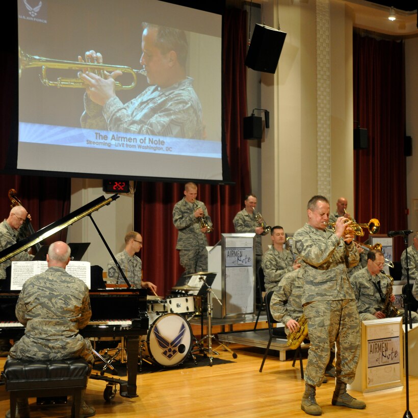 Senior Master Sgt. Kevin Burns, Airmen of Note split lead trumpeter, performs a solo during an Air Force Association immersion performance April 10, 2013. The AFA leadership toured the various 11th Operations Group units in order to gain a better understanding of the 11th OG’s internal and overall mission. (U.S. Air Force photo/Senior Airman Lindsey A. Porter)
