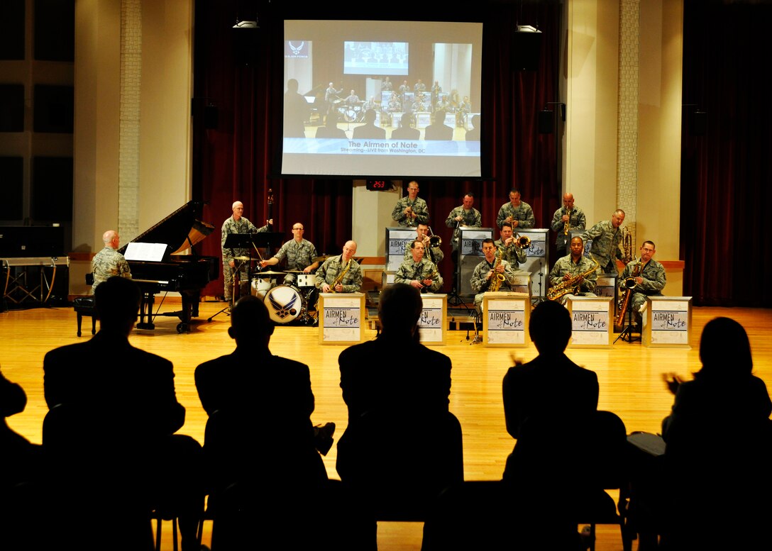 The Airmen of Note, The U.S. Air Force Band’s premier jazz ensemble, perform for Air Force Association leadership during their tour of the 11th Operations Group April 10, 2013. The AFA is a non-profit aerospace education association who toured the 11th OG in order to gain a better understanding of the group’s internal units and overall mission. (U.S. Air Force photo/Senior Airman Lindsey A. Porter)