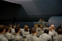 MINOT AIR FORCE BASE, N.D. – Maj. Aaron Rivers, 5th Maintenance Operations Squadron outgoing commander, gives his final remarks during the 5th MOS inactivation ceremony here, May 31. The squadron was comprised of three flights which included the Programs and Resource Flight, Maintenance Training Flight, and the Maintenance Operations Flight. The squadron was in charge of the administrative oversight of more than 120 Airmen. (U.S. Air Force photos/Senior Airman Brittany Y. Auld)