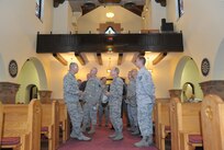 U.S. Air Force Brig. Gen. Robert D. LaBrutta, 502nd Air Base Wing and Joint Base San Antonio commander, tours JBSA-Randolph Chapel June 5. LaBrutta will visit the three primary JBSA locations this week.  He took command during a ceremony May 29. (U.S. Air Force photo by Joel Martinez/Released)