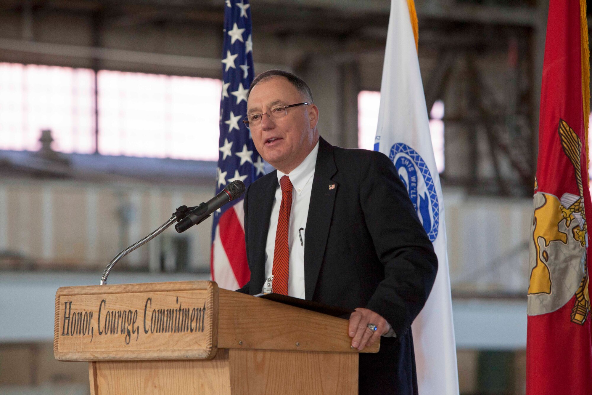 Gerry P. Little, Ocean County Freeholder and former U.S. Marine, spoke as the guest speaker during the Joint Base McGuire-Dix-Lakehurst Battle of Midway 71st Anniversary and Wreath Laying ceremony June 4, 2013, in Hangar One. The battle of Midway, fought in June 1942, is considered one of the most decisive battles of World War II, which effectively shattered Japan's navel strength when the Americans destroyed four of their aircraft carriers. (U.S. Air Force photo by Wayne Russell/Released)