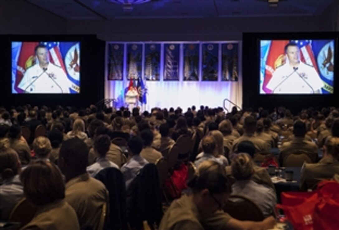 Navy Adm. James A. Winnefeld Jr., vice chairman of the Joint Chiefs of Staff, delivers the opening address at the 2013 Joint Women's Leadership Symposium at the Gaylord National Resort and Convention Center in National Harbor, Md., June 6, 2013. The symposium is the largest gathering of military women nationwide, drawing women from all ranks of all five services. This year's event focused on personal and professional development with hands-on workshops and networking opportunities.
