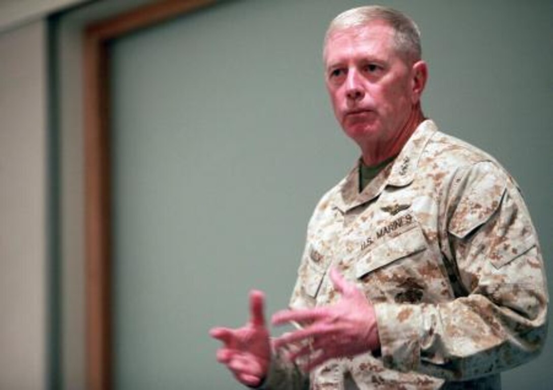 Lt. Gen. Kenneth Glueck, Jr., commanding general, III Marine Expeditionary Force, speaks to the Marines of Lima Company, 3rd Battalion, 3rd Marine Regiment, Marine Rotational Force – Darwin, at the Rowell Centre, here, May 28. Glueck flew to Australia to visit MRF-D Marines and tour surrounding military facilities.