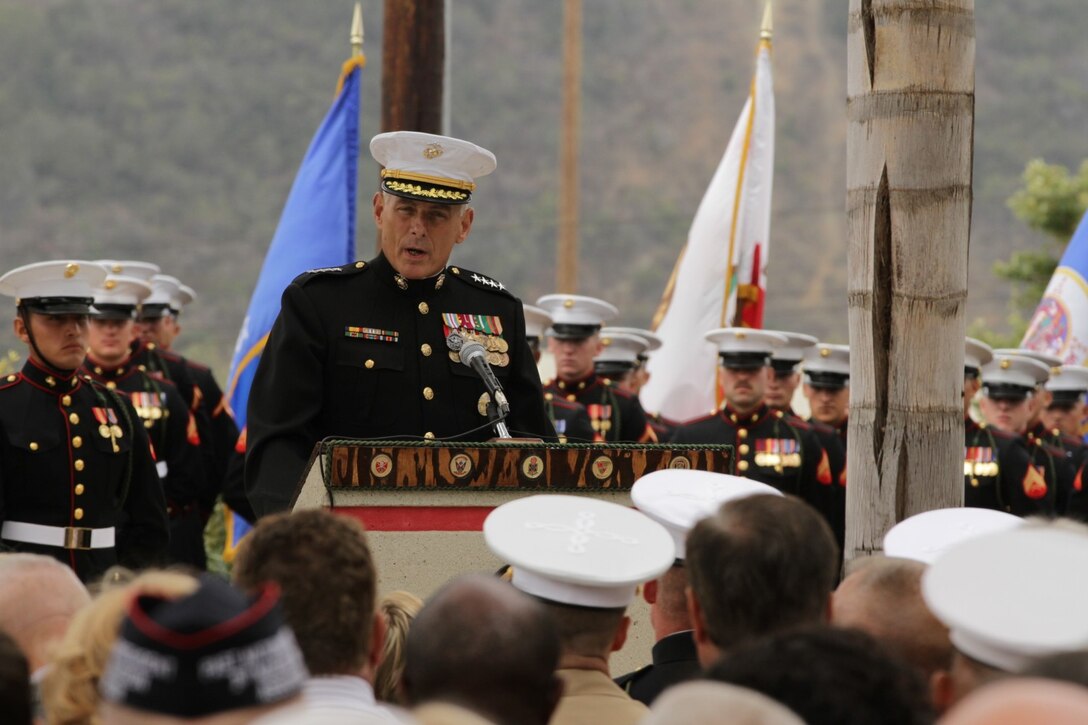 General John Kelly, the commanding general for United States Southern Command, delivers a speech to Marines and sailors serving with 5th Marine Regiment here June 6, 2013. General Kelly spoke of the heroism displayed by the Marines and sailors of 5th Marines during the past century. The memorial honors Marines and sailors who served with 5th Marines or under Regimental Combat Team 5 who gave the ultimate sacrifice during combat operations in Afghanistan.