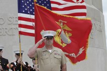 Master Gunnery Sgt. Peter T. Mason salutes during a retirement ceremony at the Liberty Memorial, June 6. Mason served 31 years and his last assignment was Recruiter Instructor at Recruiting Station Kansas City.