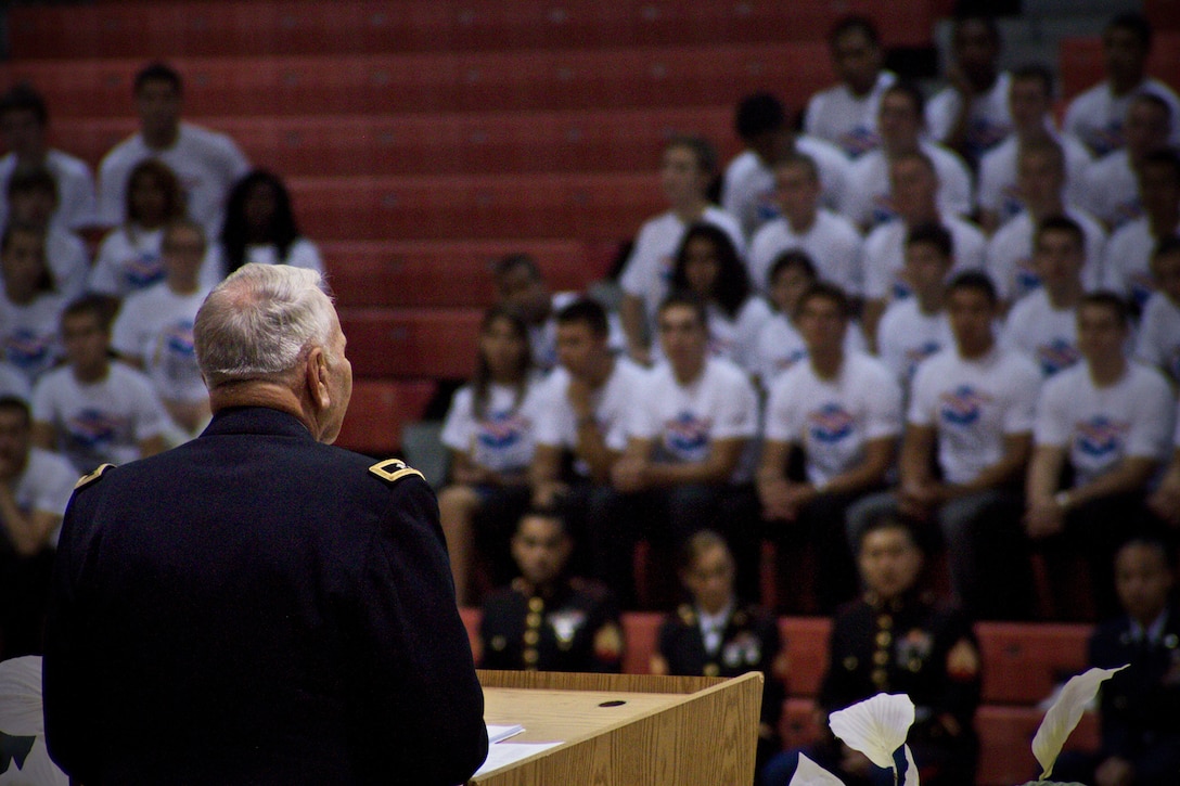 Retired Army Maj. Gen. Wayne Jackson thanks members of the class of 2013 for volunteering to serve in the Armed Forces during an Our Community Salutes ceremony for Palm Beach County, Fla., enlistees May 9, 2013. Our Community Salutes is a non-profit organization that seeks to recognize high school students who volunteer to serve in the armed forces each year.