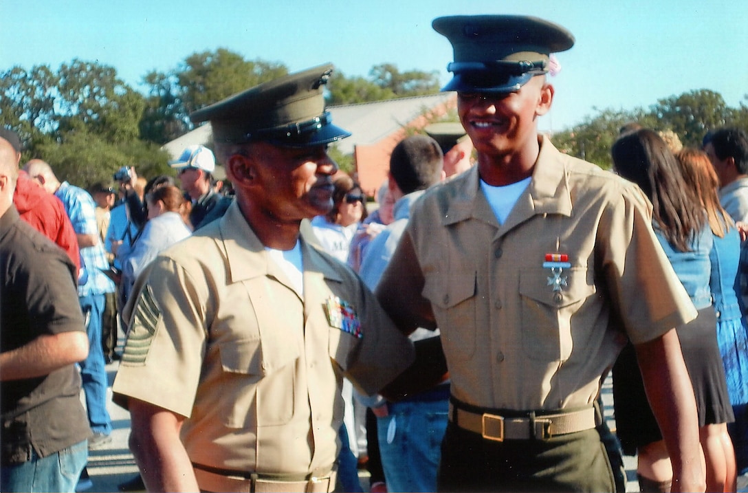 "If I had to share my proudest moment, it would be going to Parris Island, S.C., and watching my son graduate - standing on the parade deck with him, wearing the same uniform and being on the same team, serving on active duty with him," said Sgt. Maj. Derrick Christovale, who serves as the senior enlisted leader for Camp Pendleton in addition to his regional responsibilities for five Marine Corps installations in the southwestern United States.