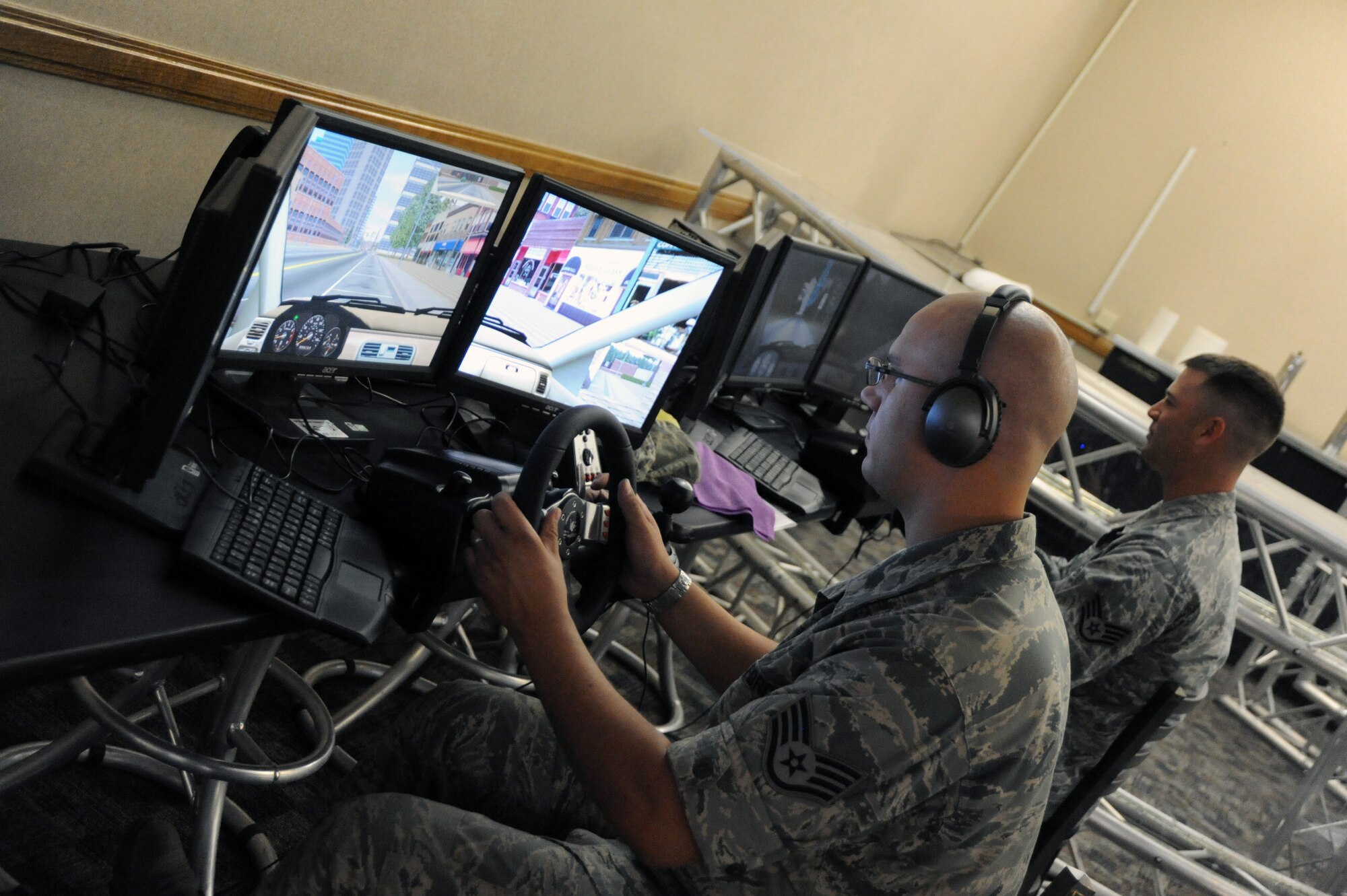 Staff Sgt. Jason DeJesus, 56th Fighter Wing Ground Safety craftsman, tests a virtual driver interactive module the safety fair. The driving simulator shows how difficult driving is while under the influence. The safety fair kicked off the Critical Days of Summer campaign, which goes from Memorial Day to Labor Day. (U.S. Air Force photo/Airman 1st Clas Pedro Mota)