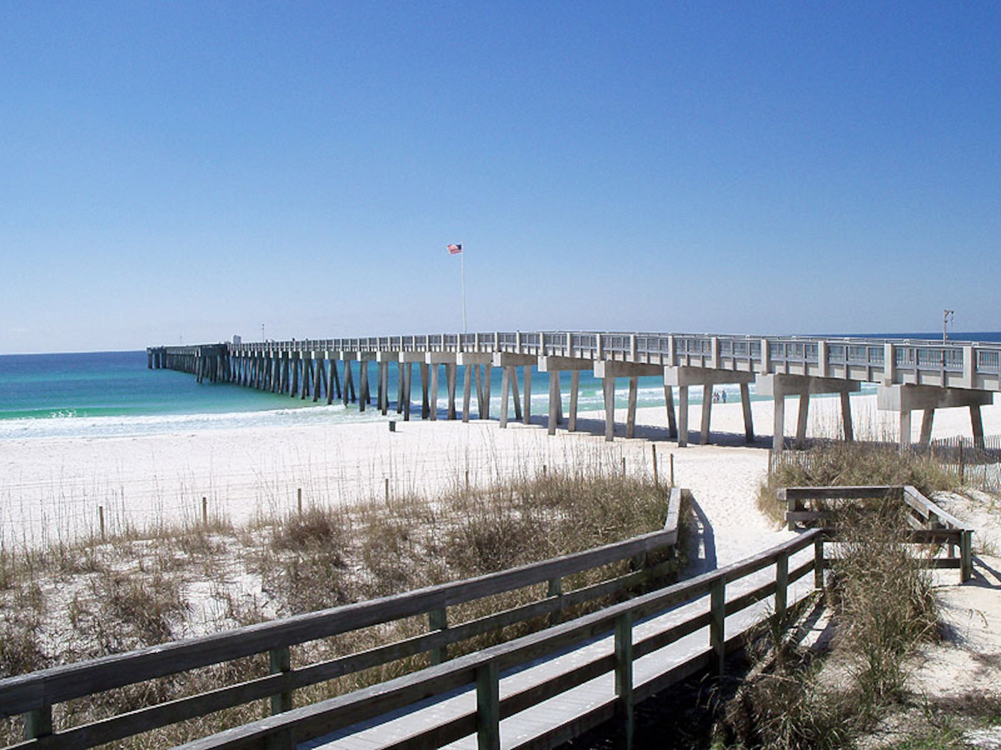 The M.B. Miller County Pier, Panama City Beach, Fla., stands above typically calm emerald green waters and white sand. The pier is a prime location for tourists and fishermen. (Courtesy photo) 