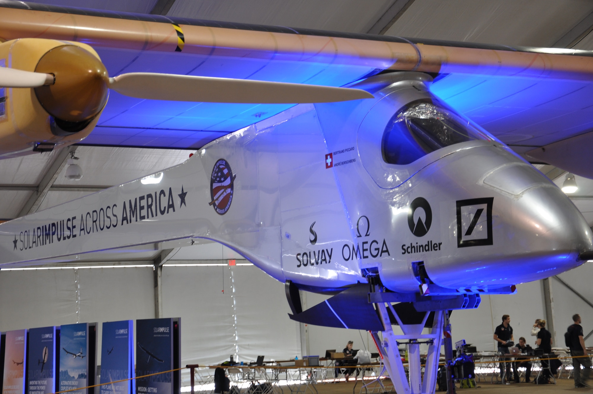 Air Mobility Command officials visited the Solar Impulse at Lambert-St Louis International Airport June 6, 2013, to meet with crew members and discuss alternative energy technologies. The Solar Impulse weighs 3,527 pounds or about as much as a Camaro. (U.S. Air Force photo/Maj. Angela O’Connell)