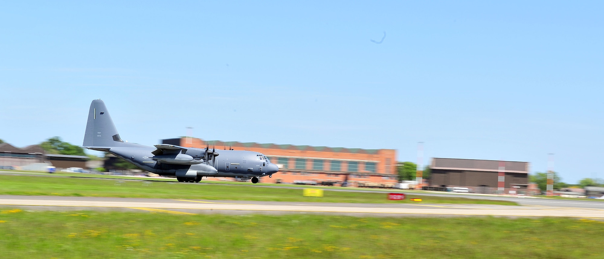 The first MC-130J Commando II belonging to the 67th Special Operations Squadron lands June 7, 2013, on RAF Mildenhall, England. The MC-130J is the first of 12 coming to the 352nd Special Operations Group. The MC-130J variation allows the military to perform low-level infiltration and exfiltration, as well as aerial delivery, resupply of forces and ground refueling. (U.S. Air Force photo by Tech. Sgt. Stacia Zachary/Released)