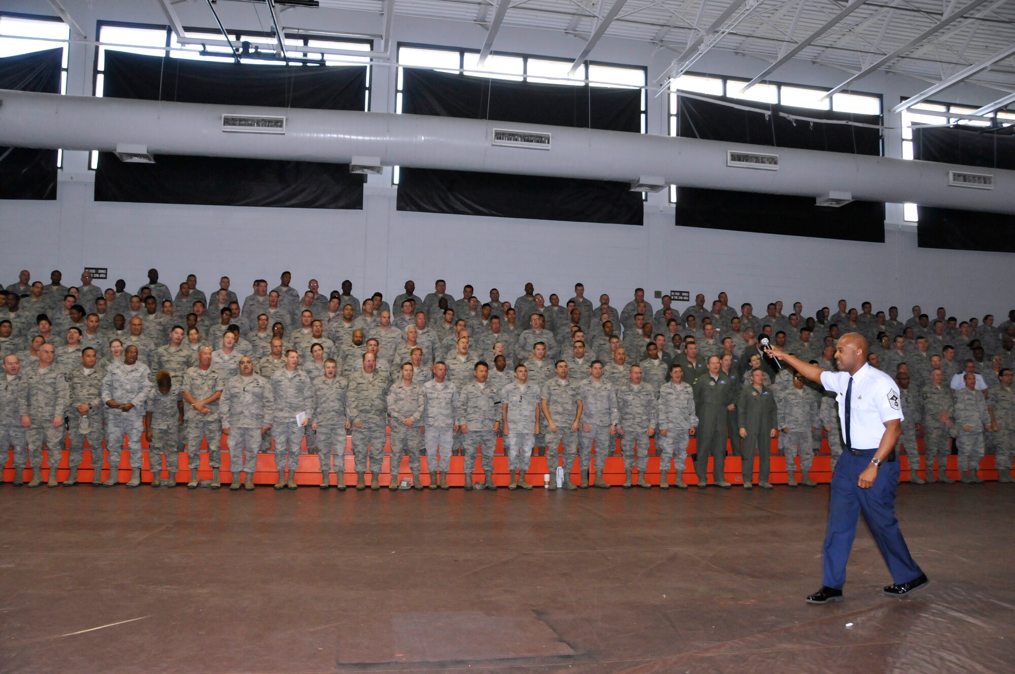 Previous 482nd Fighter Wing command chief, Cameron Kirksey, rallies Airmen during a commander's call at Homestead Air Reserve Base, Fla., Jan. 30, 2012. (U.S. Air Force photo)