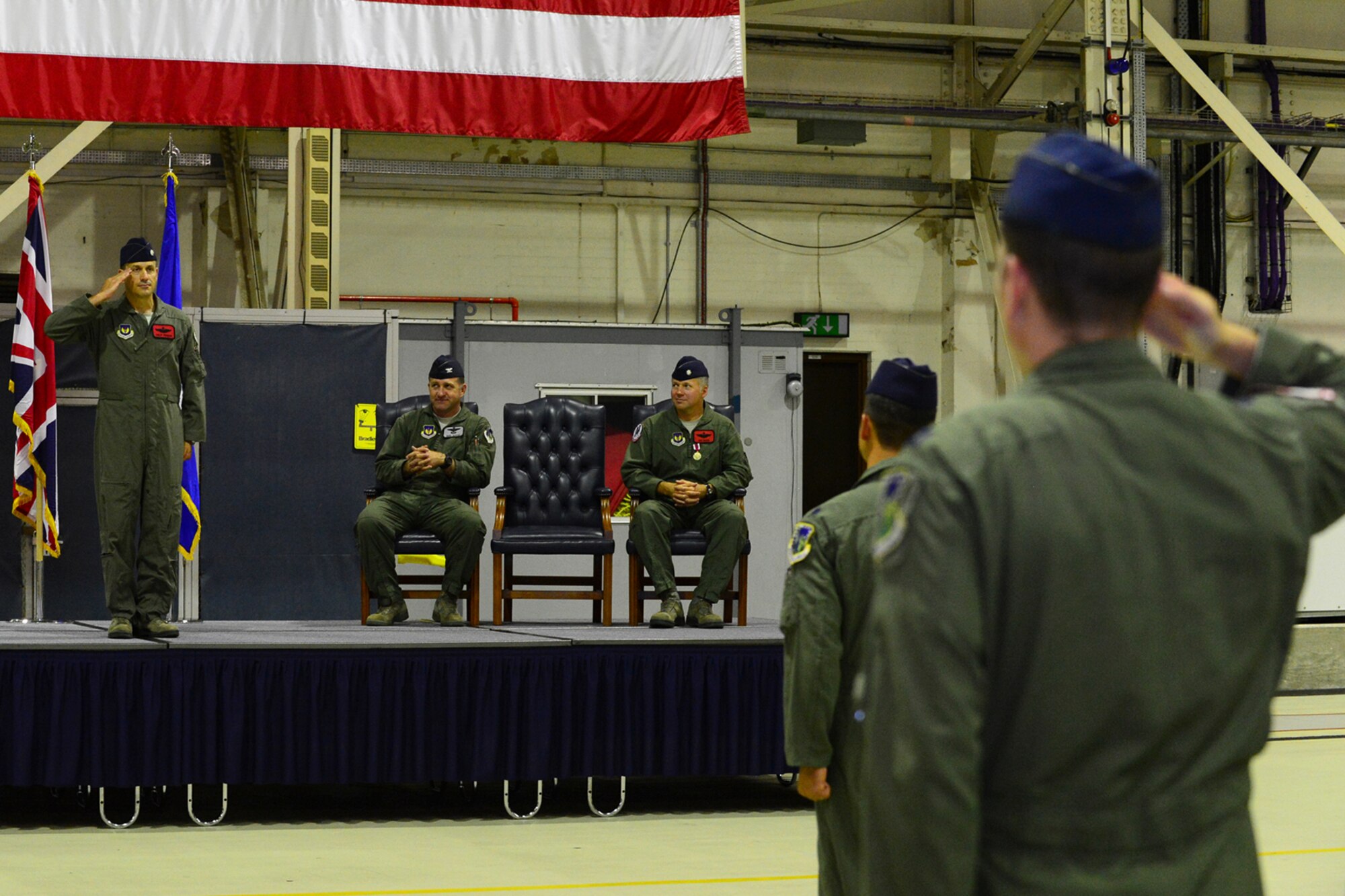 ROYAL AIR FORCE LAKENHEATH, England – Lt. Col. Philip Principi, 494th Fighter Squadron commander, renders his first salute to a formation of 494th FS Airmen June 6, 2013. During the ceremony, Principi accepted command of the squadron after Lt. Col. Daniel Rauch relinquished command.  (U.S. Air Force photo by Airman 1st Class Dana J. Butler)