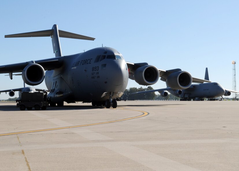 The first wave of C-17 Globemaster IIIs and C-5 Galaxies reach Moron Air Base, Spain, May 31. Moron AB will start handling more Air Mobility Command and other missions while the runway at Naval Station Rota, Spain, is closed for a 35-day construction project. (U.S. Air Force photo/1st Lt. Christopher Mesnard)
