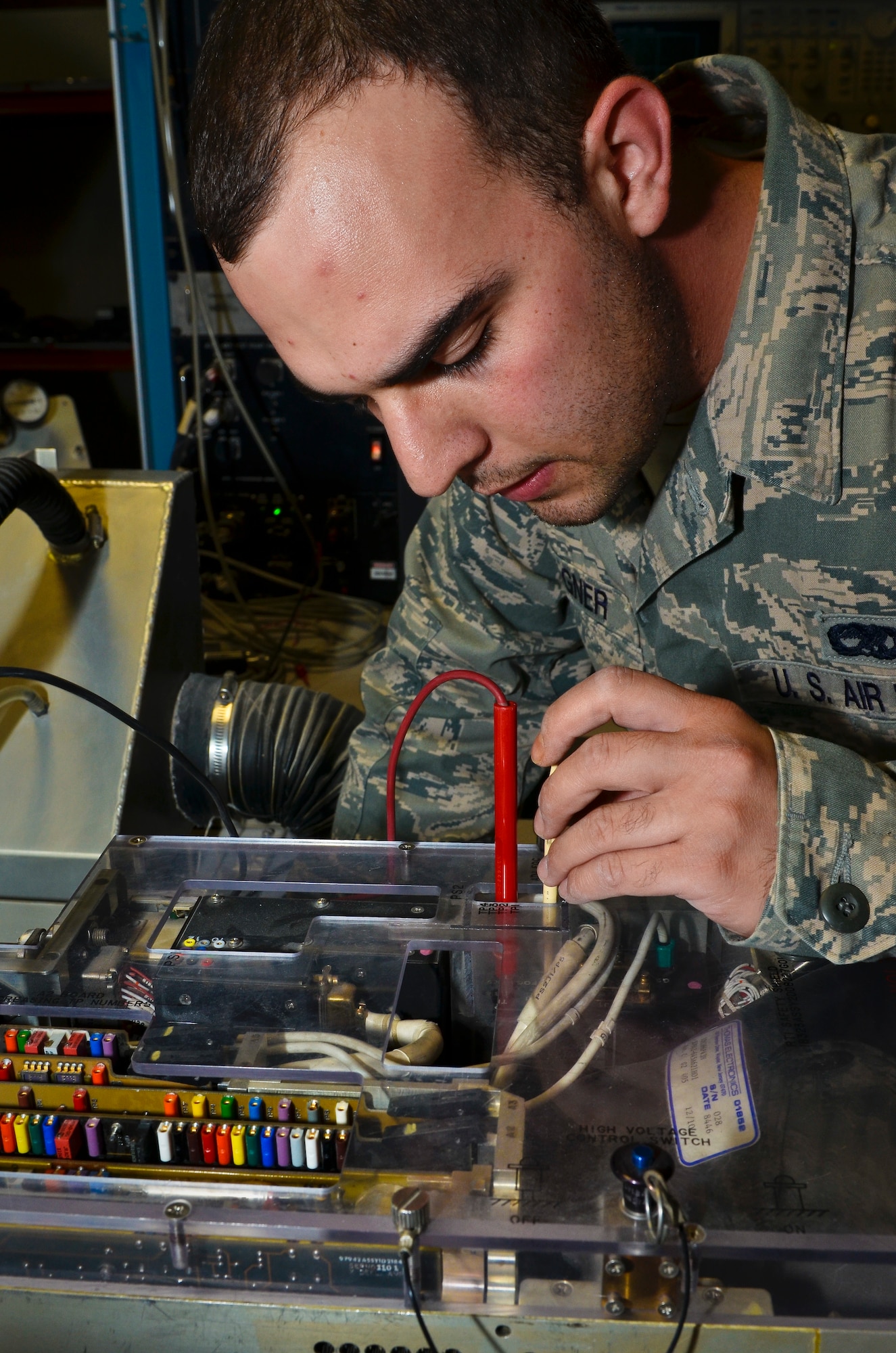Senior Airman Benjamin Wagner ensures the serviceability of an electron tube within a target indicator of a B-1B Lancer’s avionics assembly, June 5, 2013, at the 379th Air Expeditionary Wing in Southwest Asia. This process is accomplished to improve the picture quality, resolution and brightness of the avionics equipment. Wagner is a 379th Expeditionary Maintenance Squadron B-1B avionics technician deployed from Ellsworth Air Force Base, S.D. (U.S. Air Force photo/Senior Airman Benjamin Stratton)