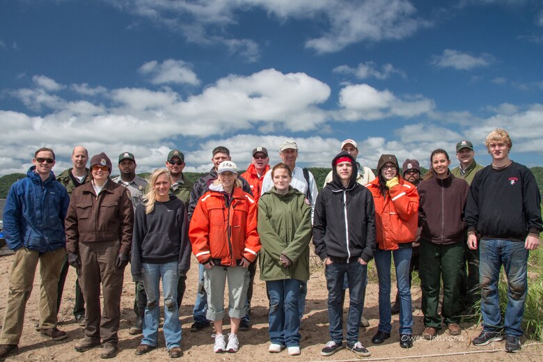 Volunteers representing, the Student Conservation Association, School on the Prairie from Holmen, Wis., as well as the U.S. Fish and Wildlife Service and Corps employees, converged on Little Hoot Island on the Mississippi River in Pool 8 near Brownsville, Minn., to plant 750 tree and shrub seedlings, on May 23, 2013.