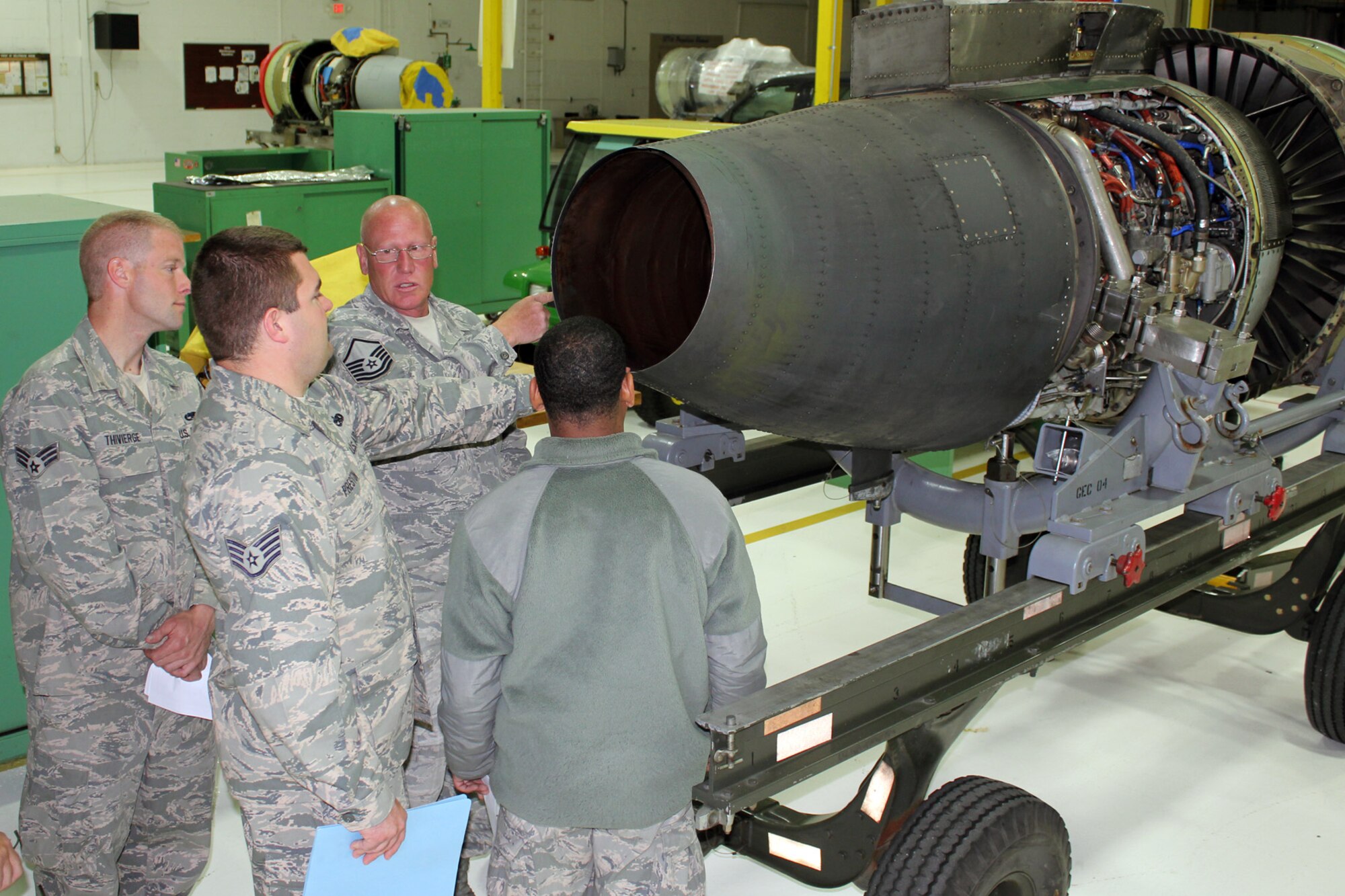 130608-Z-VA676-029 – Senior Airman Jody Thivierge, Staff Sgt. Matt Preston, Master Sgt. Dean Daggett and Airman 1st Class Justin Harris discuss engine maintenance procedures for the A-10 Thunderbolt II at Selfridge Air National Guard Base, Mich., June 8, 2013. All four Airmen are members of the 127th Maintenance Squadron. (U.S. Air National Guard photo by TSgt. Dan Heaton/ Released)