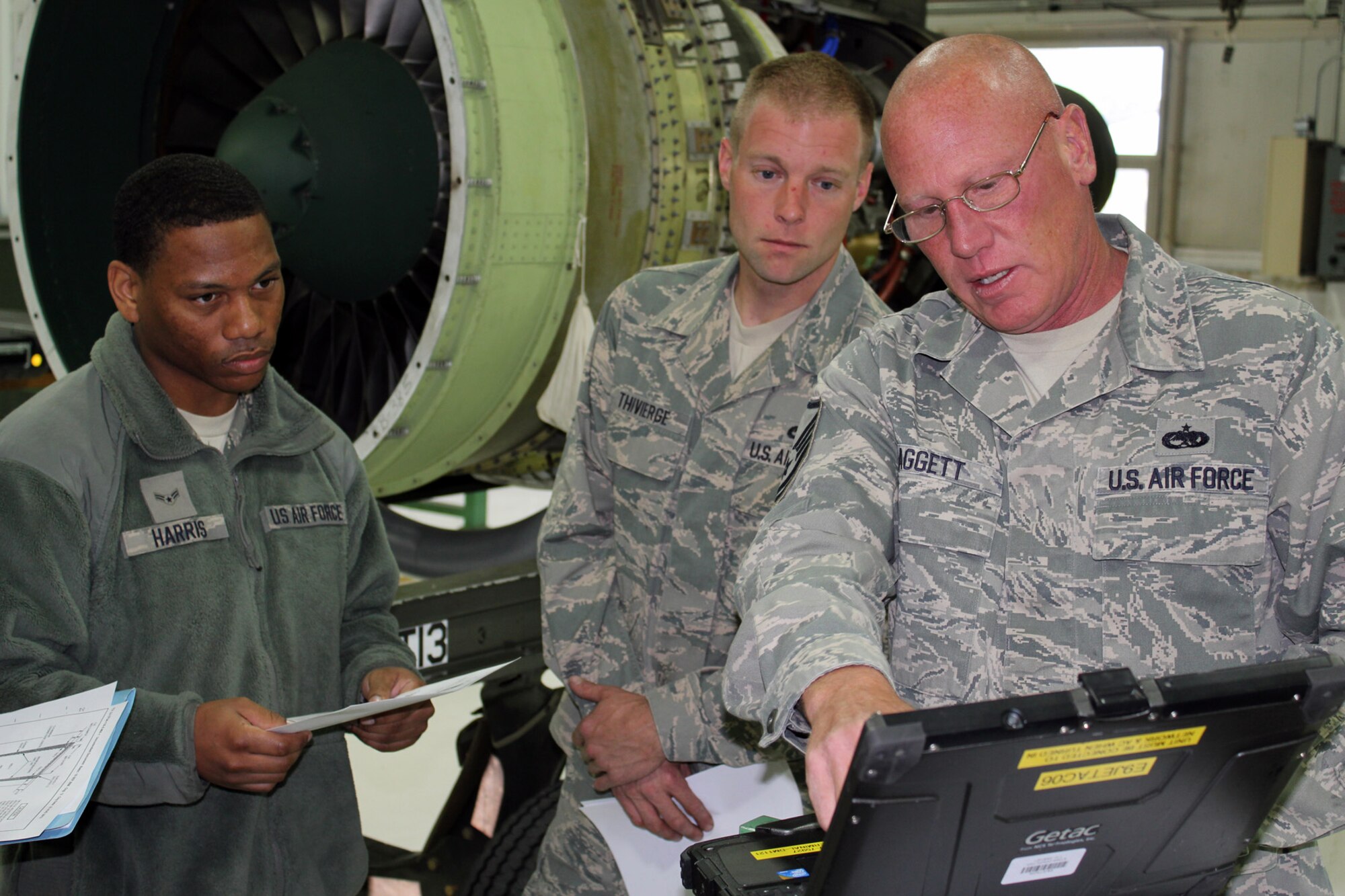 130608-Z-VA676-003 -- Airman 1st Class Justin Harris and Senior Airman Jody Thivierge listen as Master Sgt. Dean Daggett instructs a class on engine maintenance procedures for the A-10 Thunderbolt II at Selfridge Air National Guard Base, Mich., June 8, 2013. All three Airmen are members of the 127th Maintenance Squadron. (U.S. Air National Guard photo by TSgt. Dan Heaton/ Released)