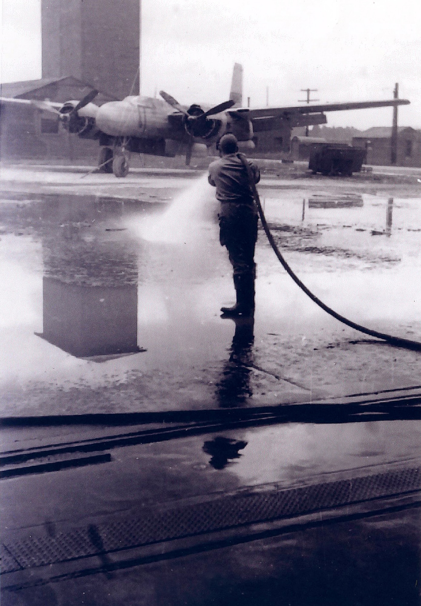 On Memorial Day, May 30, 1948, the Vanport flood engulfed the Portland Air National Guard Base, Portland, Ore. This image depicts the air base after clean-up operations had begun. (Oregon Air National Guard historical photo). 
