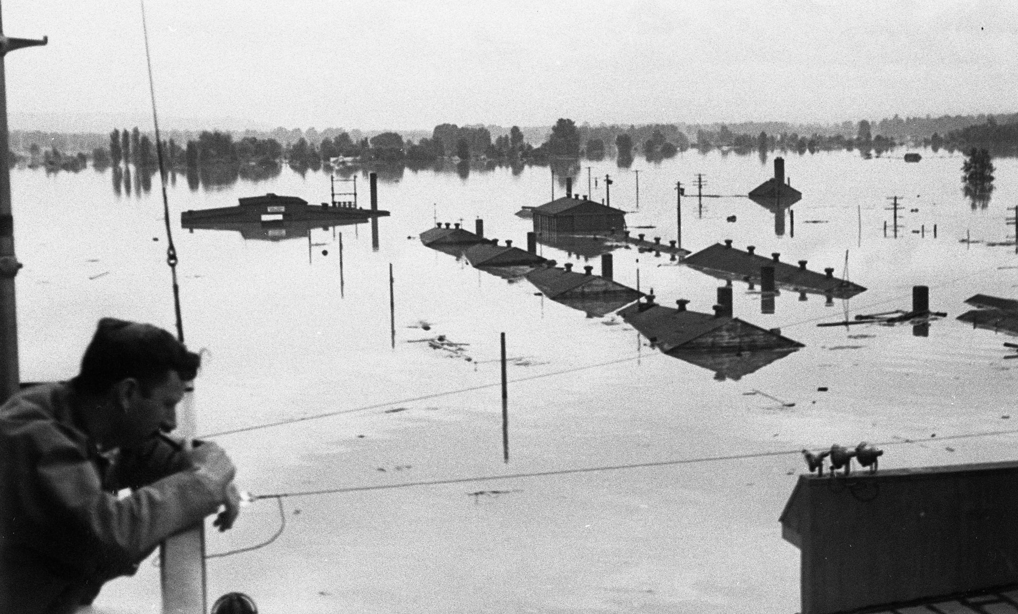 On Memorial Day, May 30, 1948, the Vanport flood engulfed the Portland Air National Guard Base, Portland, Ore. This image depicts the air base after the flood waters breached the Columbia River. (Oregon Air National Guard historical photo). 