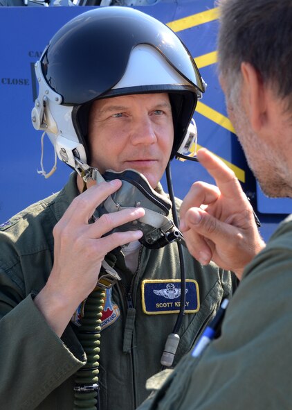 Estonian Air Force Lt. Col. Arvo Palumäe speaks with U.S. Air Force Brig. Gen. Scott Kelly, Commander 175th Wing, Maryland Air National Guard, before his incentive flight in an Estonia Air Force L-39 Fighter Aircraft during Sabre Strike at Amari Air Base, Estonia on June 6, 2013. Saber Strike 2013 is a multinational exercise involving approximately 2,000 personnel from 14 countries and is designed to improve NATO interoperability and strengthen the relationships between military forces of the U.S., Estonia and other participating nations. (U.S. Air National Guard photo by Staff Sgt. Benjamin Hughes)