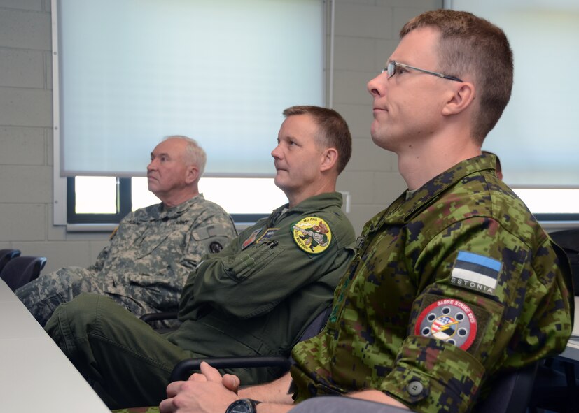 (L-R) U.S. Army Maj. Gen. James Adkins, the Adjutant General for the Maryland National Guard, U.S. Air Force Brig. Gen. Scott Kelly, Commander 175th Wing, Maryland Air National Guard and Col. Jaak Tarien, Commander of the Estonia Air Force listen to a briefing on June 5, 2013 before a tour of Amari Air Base, Estonia during Saber Strike. Saber Strike 2013 is a multinational exercise involving approximately 2,000 personnel from 14 countries and is designed to improve NATO interoperability and strengthen the relationships between military forces of the U.S., Estonia and other participating nations. (U.S. Air National Guard photo by Staff Sgt. Benjamin Hughes)