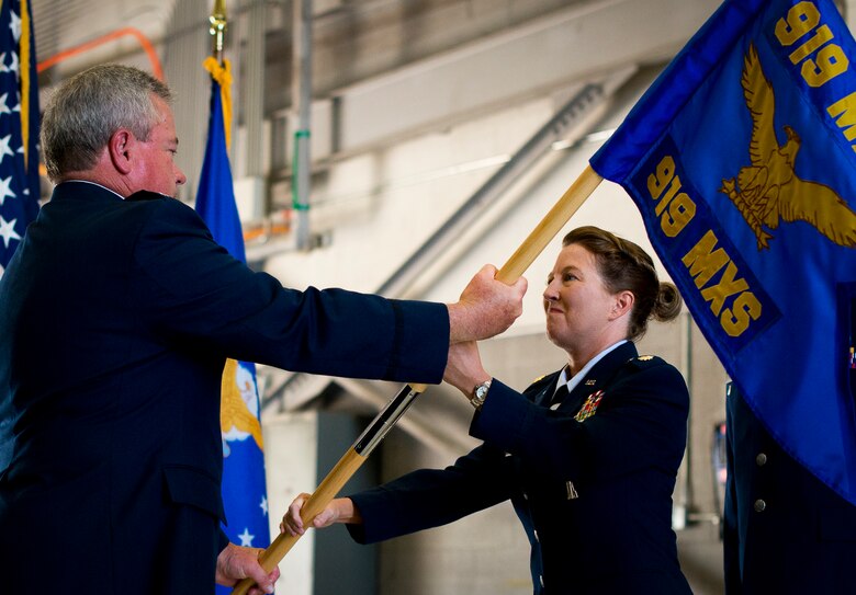 Maj. Lori Mann took command of the 919th Maintenance Squadron June 8 at Duke Field, Fla.  Mann served as the 919th Special Operations Wing commander’s executive before taking command her first command.  (U.S. Air Force photo/Tech. Sgt. Samuel King Jr.)