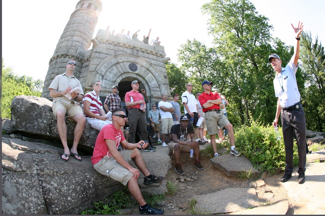 Retired Air Force Col. Fred Wieners, a licensed battlefield guide at the Gettysburg National Military Park combined his leadership experience and his academic prowess as a former instructor at the National War College to provide Marine Corps Security Cooperation Group Marines and Sailors with an exceptionally led and facilitated staff ride, May 29 – 30.