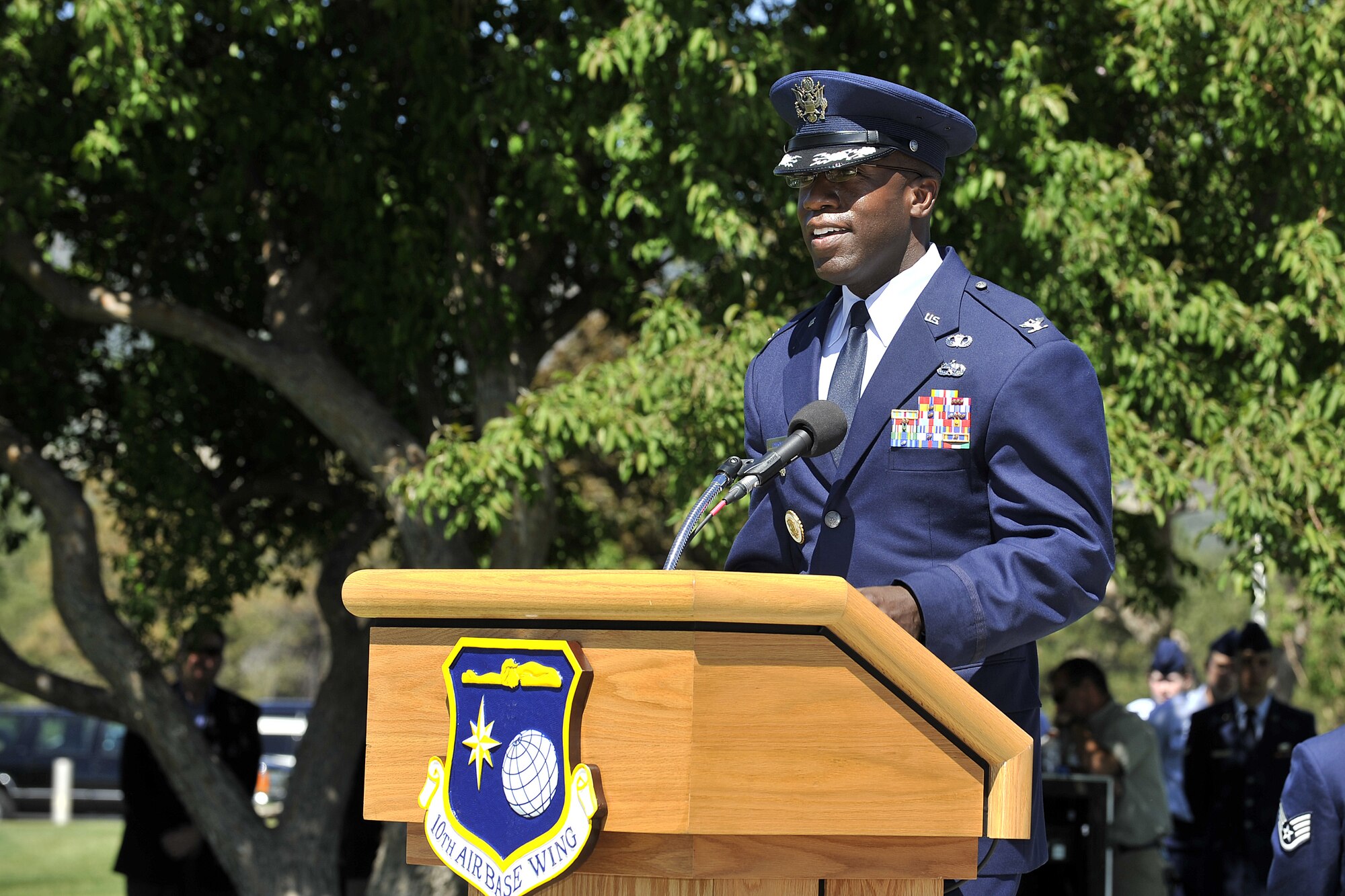 Col. Stacey Hawkins speaks after assuming command of the 10th Air Base Wing June 10 during the change of command ceremony at the Air Force Academy. (U.S. Air Force Photo/Raymond McCoy)