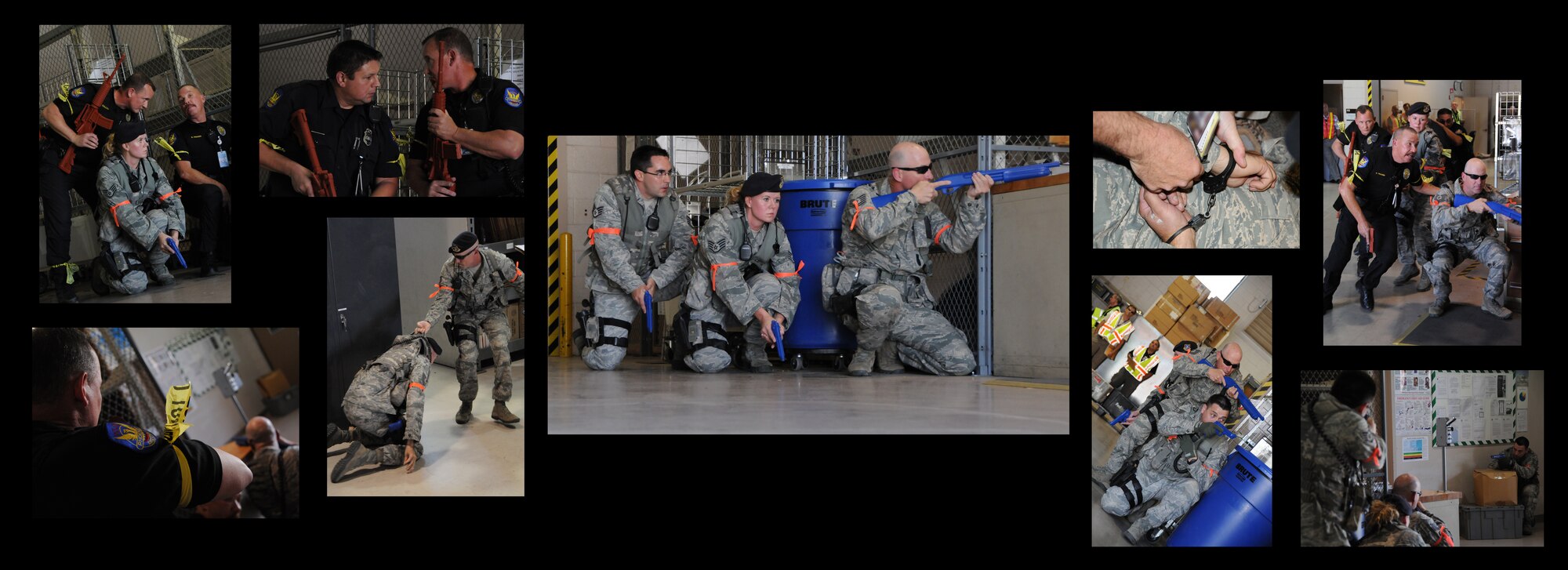 Security Forces members from the 161st Air Refueling Wing, along with the Phoenix Police Department, participate in an Active Shooter exercise at the Phoenix Sky Harbor Air National Guard base, May 9, 2013. This exercise is part of an annual training requirement for the Airmen, in which SF and PD learn how to sweep and clear a building, as well as pass control, communicate, and investigate a crime scene. (U.S. Air National Guard Photo Story by Staff Sgt. Courtney Enos/Released)